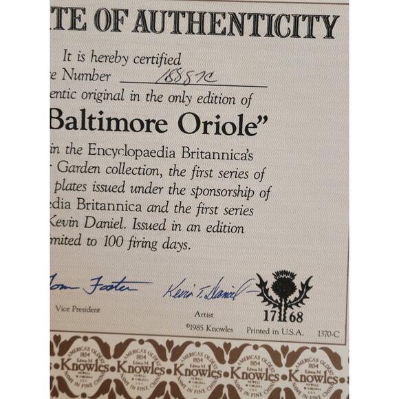 Vtg 1985 Knowles The Baltimore Oriole by Kevin Daniel Plate w/ COA & Box #18887C - Picture 10 of 16
